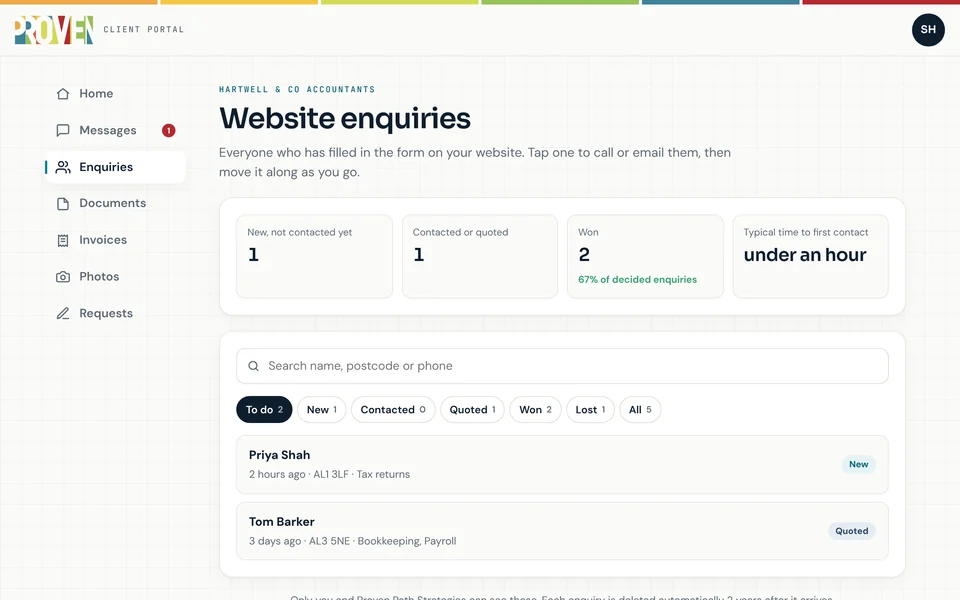 The enquiries screen: counts of new, contacted and won enquiries, a search box and a list of enquiries with their status