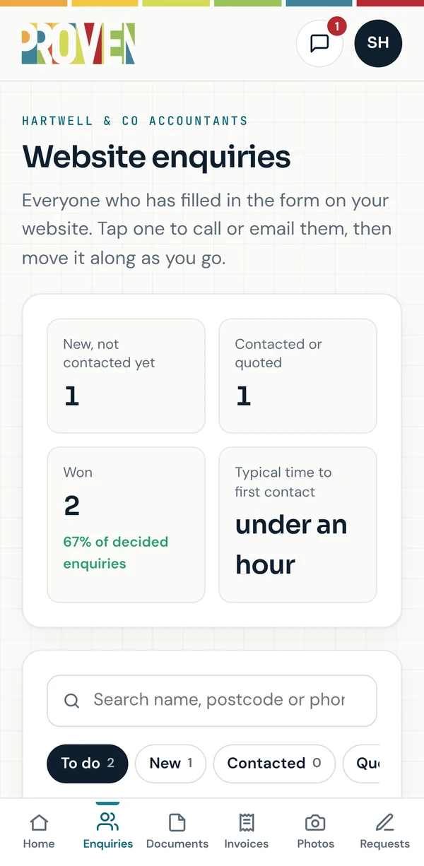 The enquiries screen: counts of new, contacted and won enquiries, a search box and a list of enquiries with their status
