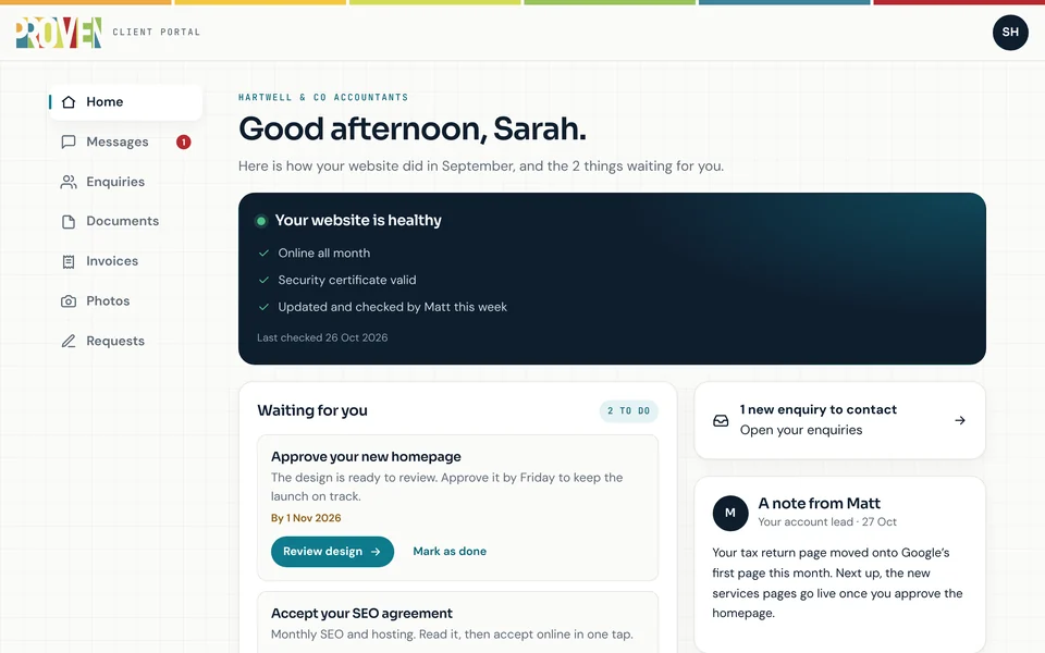 The client portal home screen on a computer, showing website health, things waiting for approval and a note from Matt