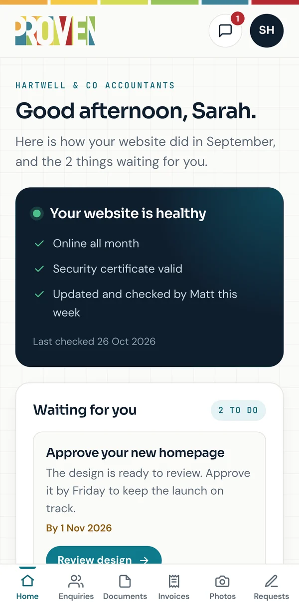 The portal home screen: a greeting, a website health card, two things waiting for approval and a note from Matt