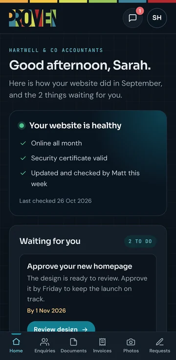 The client portal home screen on a phone, in dark mode