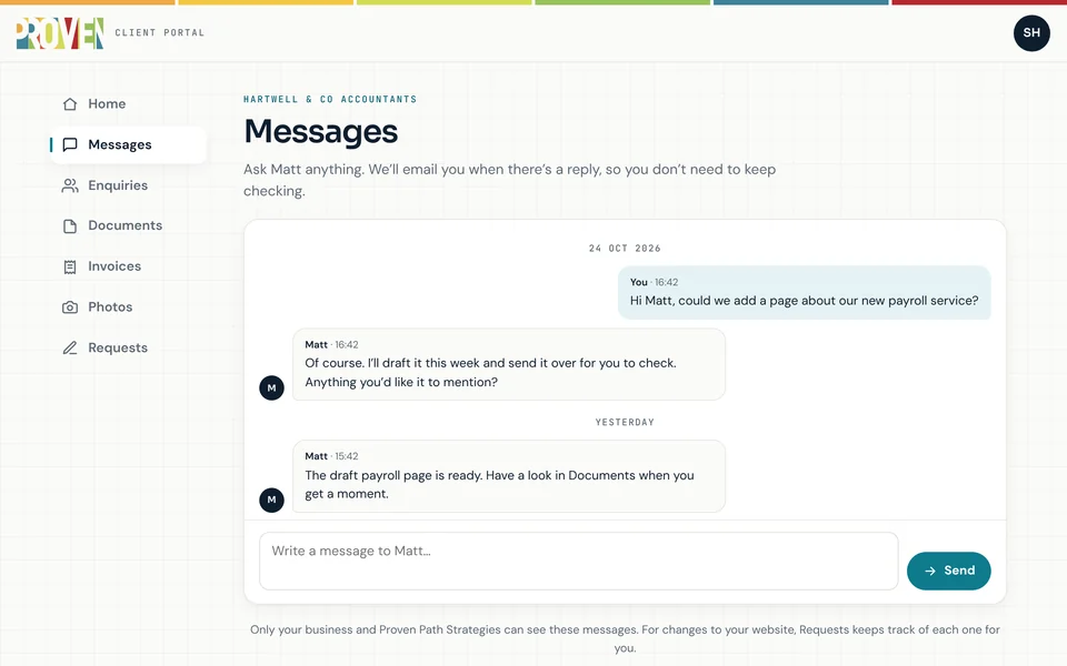 The messages screen: a conversation between the client and Matt about adding a new page