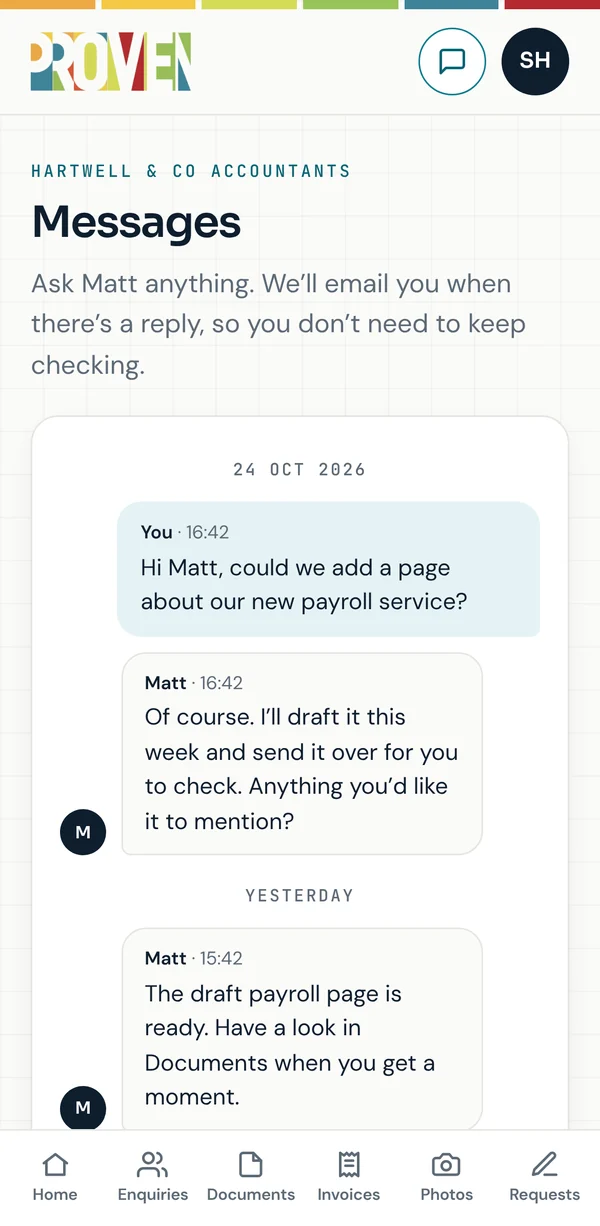 The messages screen: a conversation between the client and Matt about adding a new page