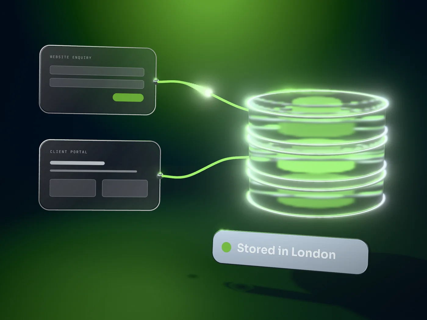 A glass database ringed in metal with a plate reading Stored in London, with light flowing in from a website enquiry and the client portal