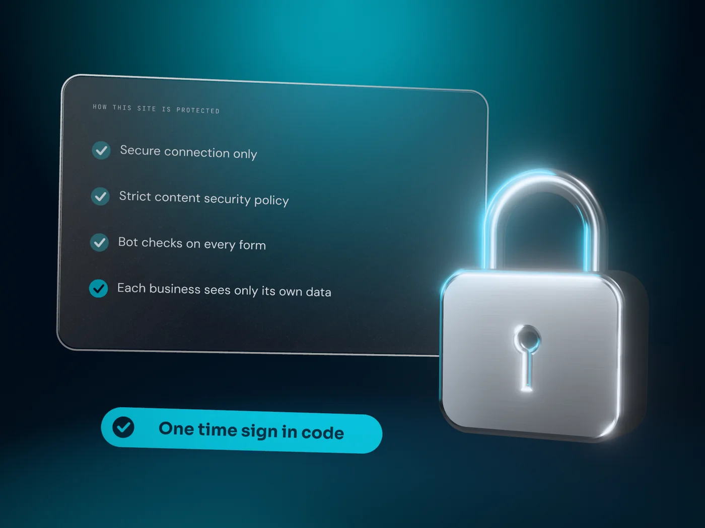 A brushed metal padlock in front of a glass panel listing how the website is protected, beside a one time sign in code label